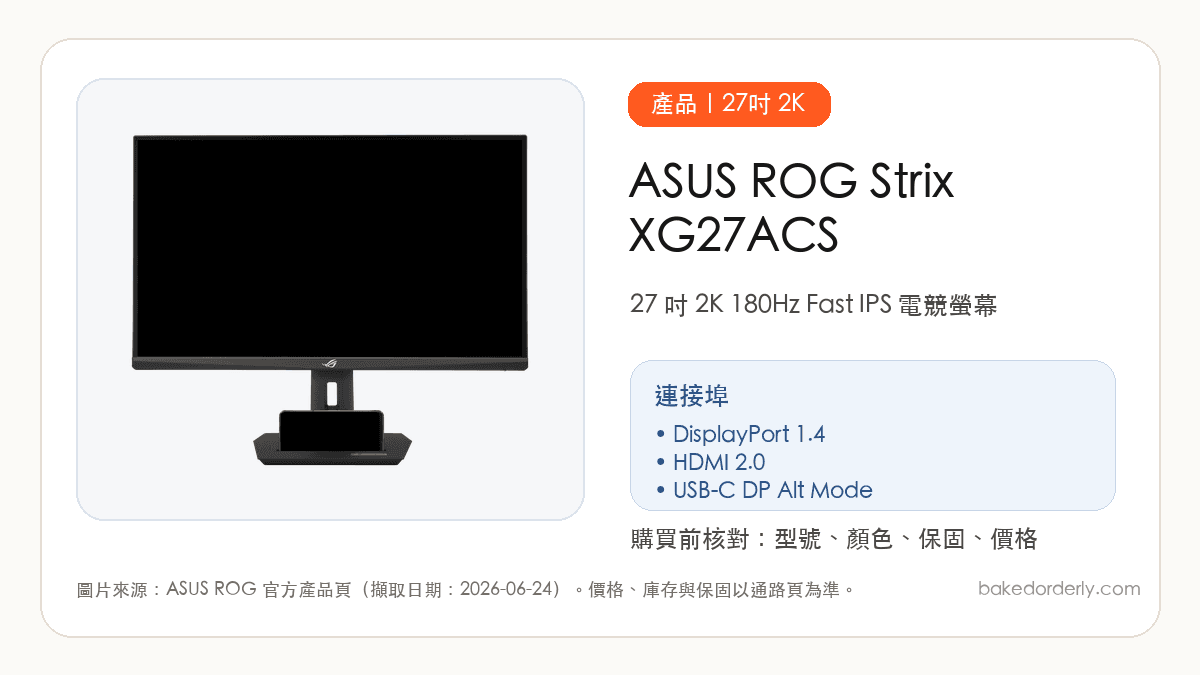 ASUS ROG Strix XG27ACS 27 吋 2K 電競螢幕產品圖與連接埠資訊