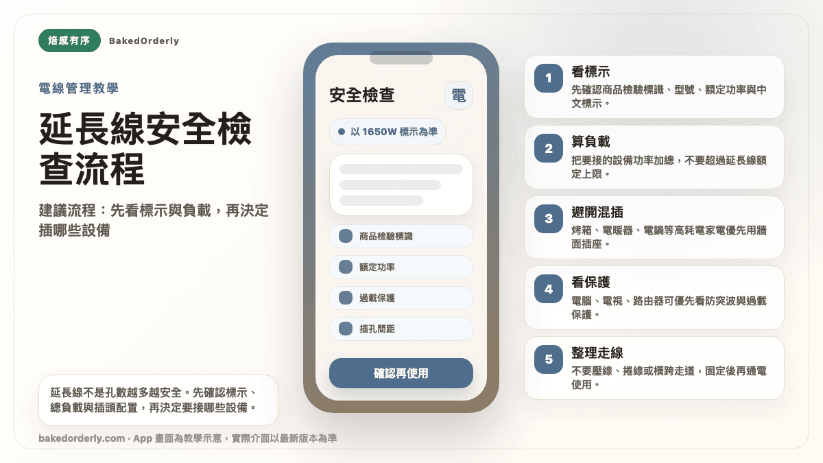群加延長線安全檢查步驟圖 商品檢驗標識 額定功率 防突波與走線整理