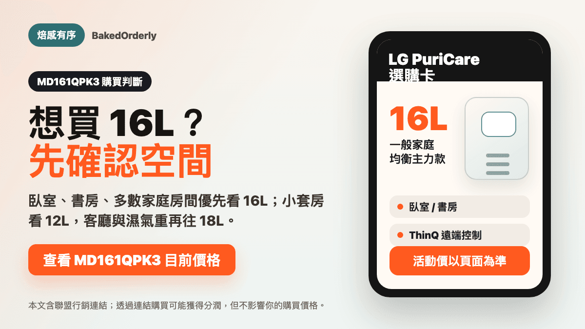 LG MD161QPK3 16L 除濕機購買判斷圖，提醒先確認空間與目前價格