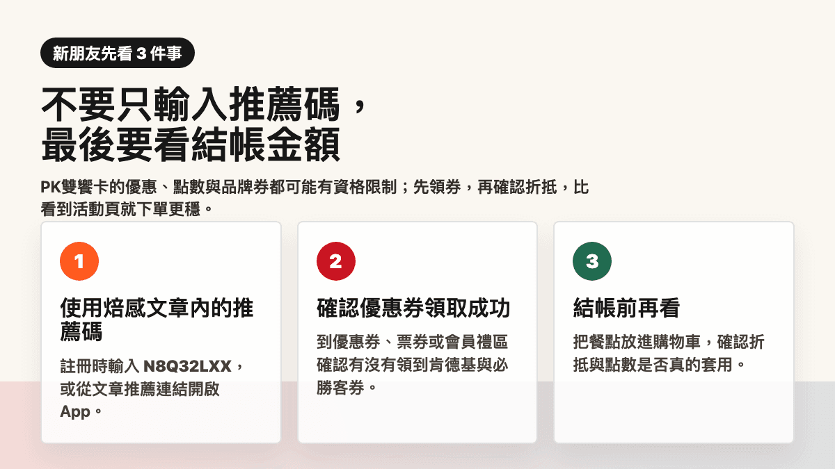 PK雙饗卡新朋友推薦碼優惠券與點數使用重點資訊圖