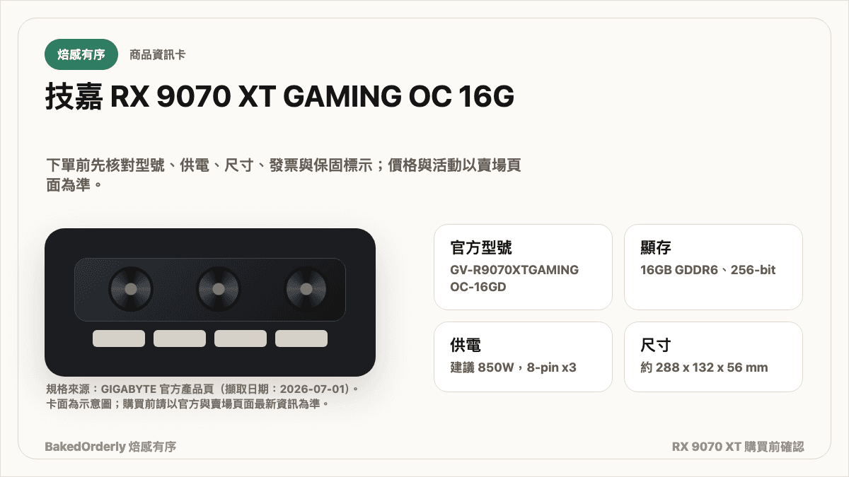 技嘉 Radeon RX 9070 XT GAMING OC 16G 購買前規格確認卡，包含官方型號、顯存、供電與尺寸