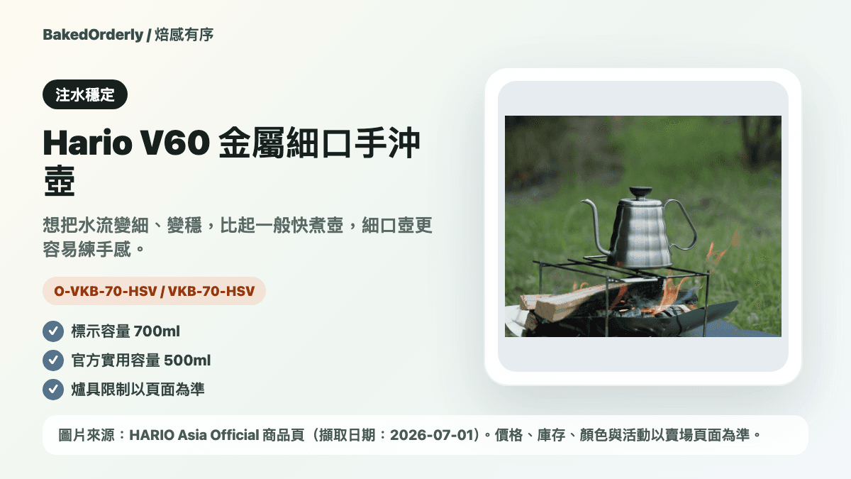 Hario V60 金屬細口手沖壺商品來源卡，提醒標示容量 700ml 與實用容量 500ml