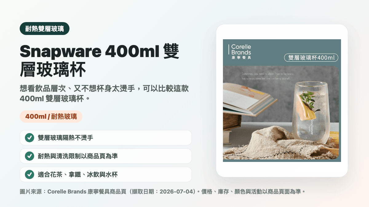 Snapware 400ml 雙層玻璃杯商品來源卡，提醒耐熱玻璃、雙層隔熱與清洗限制確認