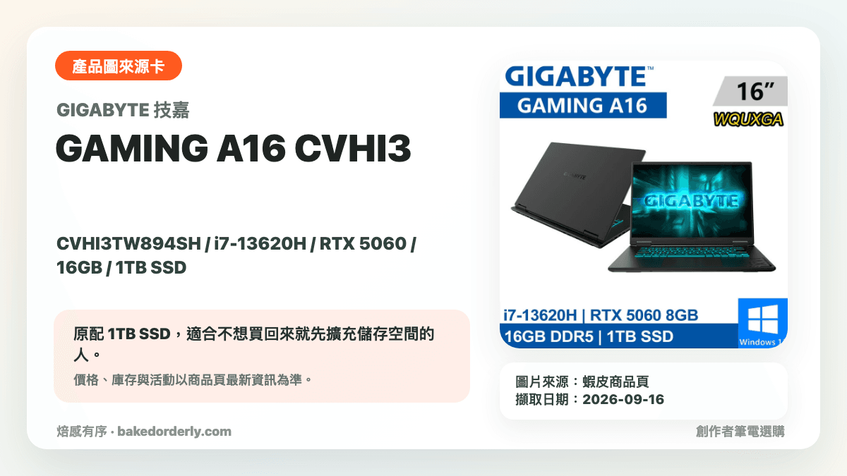 GIGABYTE GAMING A16 CVHI3TW894SH RTX 5060 創作者筆電產品圖來源卡