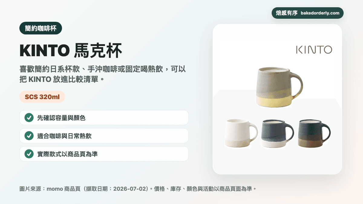 KINTO 馬克杯商品來源卡，提醒 SCS 320ml、容量顏色與平台款式以商品頁為準