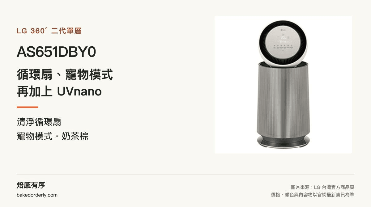 LG AS651DBY0 奶茶棕二代單層空氣清淨機，具循環扇、寵物模式與 UVnano