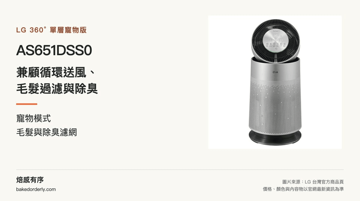 LG AS651DSS0 單層寵物版空氣清淨機，具循環扇與毛髮濾網