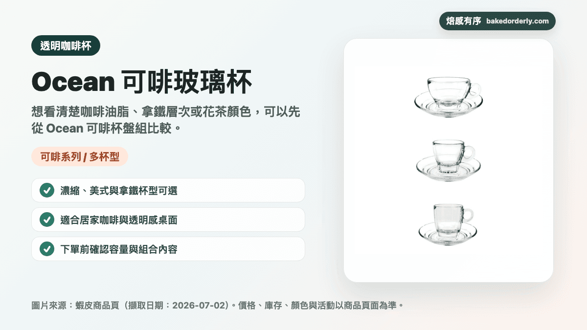 Ocean 可啡系列玻璃咖啡杯商品來源卡，提醒濃縮、美式、拿鐵杯型與容量組合確認