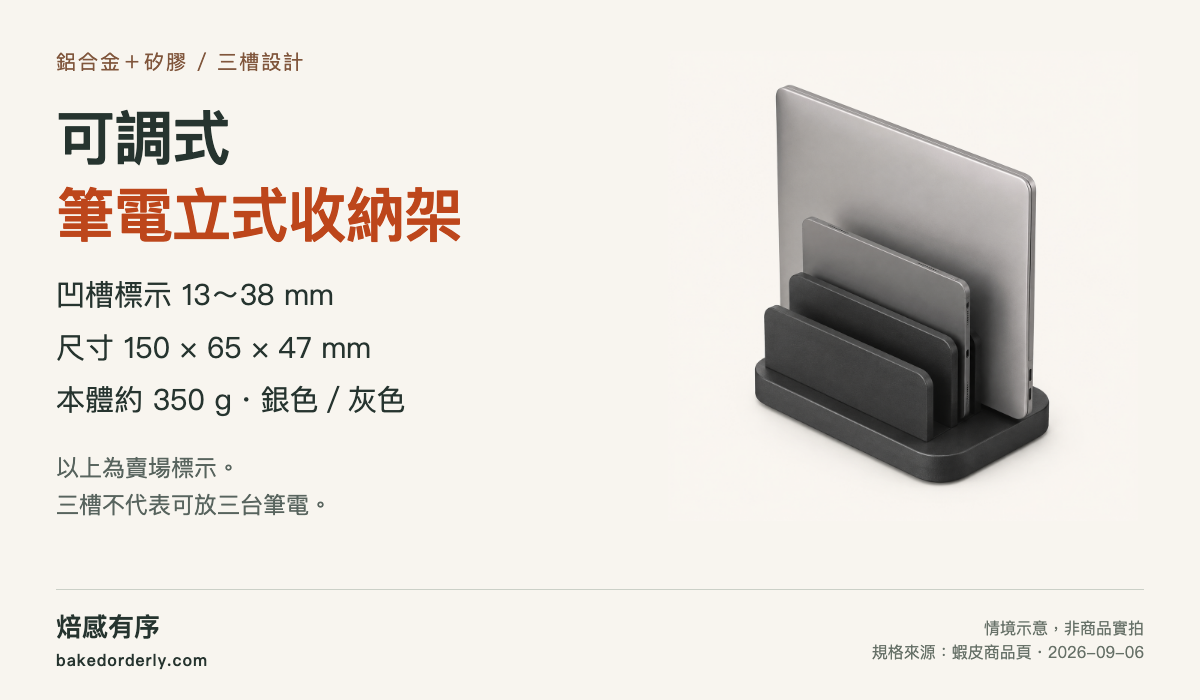 筆電直立收納情境示意與賣場標示尺寸、槽寬和重量