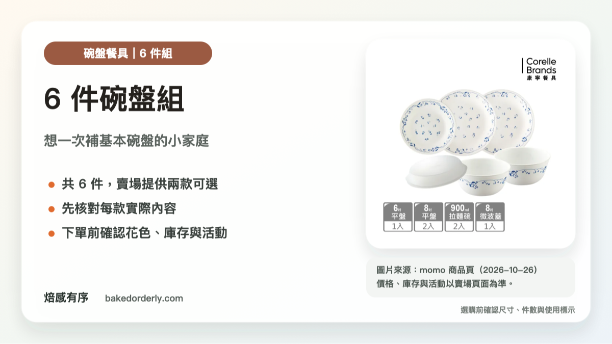康寧 CORELLE 碗盤餐具 6 件組商品來源卡，賣場有兩款可選