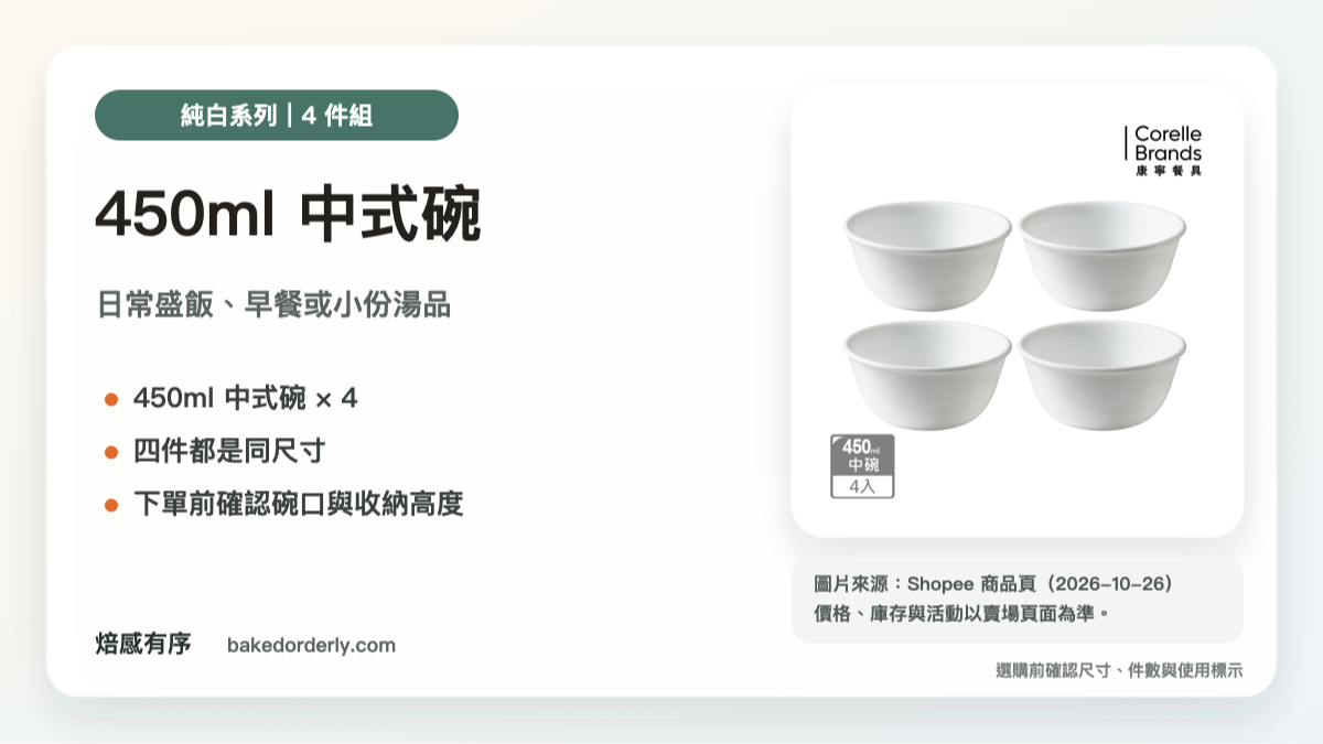 康寧 CORELLE 純白 450ml 中式碗 4 件組商品來源卡