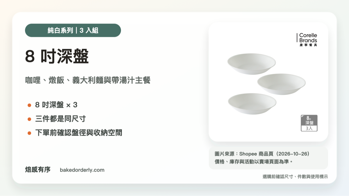 康寧 CORELLE 純白 8 吋深盤 3 入組商品來源卡