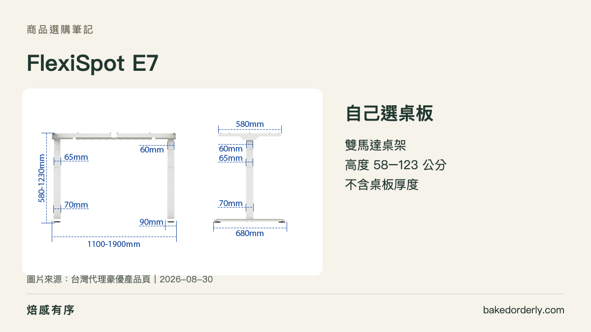 FlexiSpot E7 桌架外觀與不含桌板高度說明