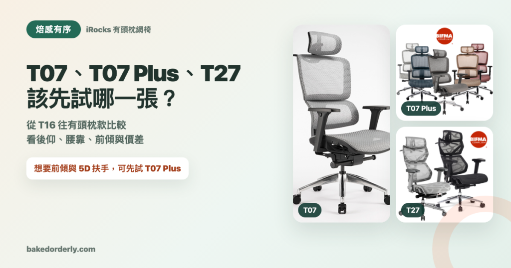iRocks 有頭枕人體工學椅比較封面，整理 T07、T07 Plus、T27 與無頭枕 T16