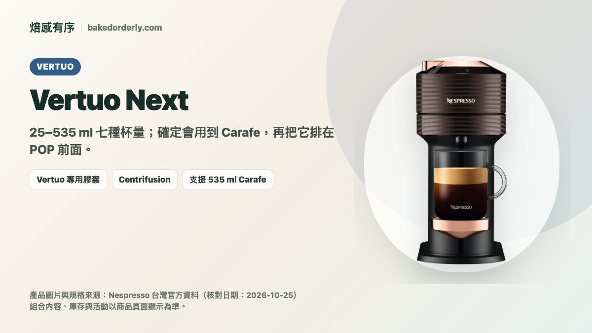 Nespresso Vertuo Next 咖啡機官方產品照來源卡，整理 25 至 535 ml 七種杯量與 Carafe 使用情境