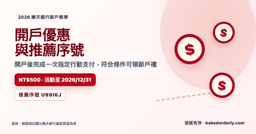 樂天銀行開戶優惠、推薦序號 U99I6J 與 NT$500 新戶禮教學封面