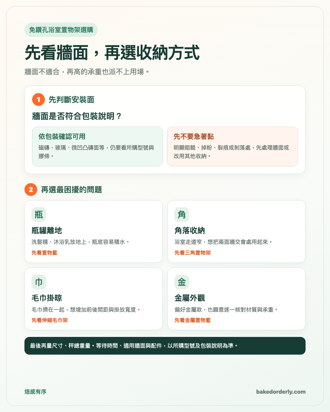 免鑽孔浴室置物架先判斷牆面，再依瓶罐、角落、毛巾與金屬外觀選款
